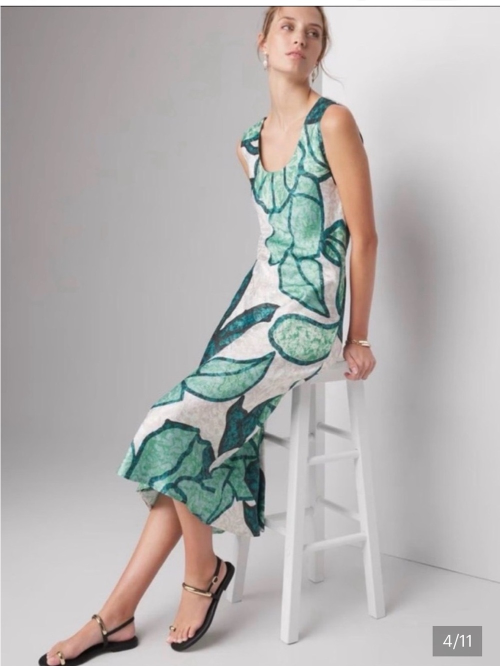 White House Black Market White Midi Dress with Green Leaf Floral Size 2